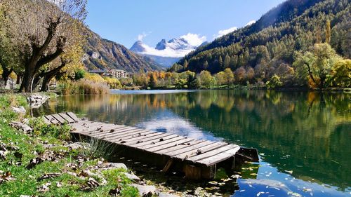 Scenic view of lake and mountains against sky