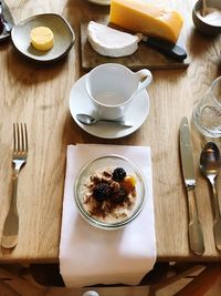 High angle view of breakfast served on table