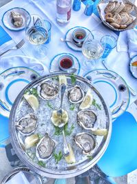 High angle view of oysters plate