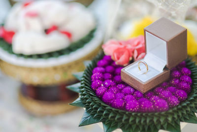 Close-up of purple flower on table