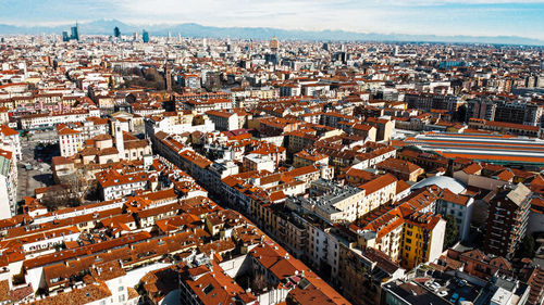 High angle view of buildings in city