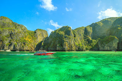 Scenic view of bay against sky