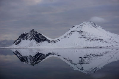 Scenic view of lake by snowcapped mountains against sky