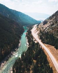 High angle view of road amidst landscape against sky