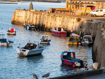 High angle view of boats moored in sea