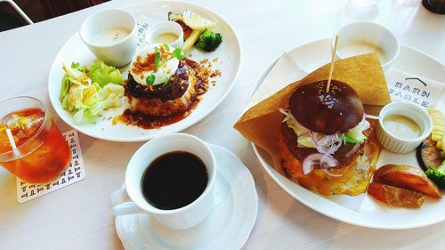 High angle view of breakfast on table