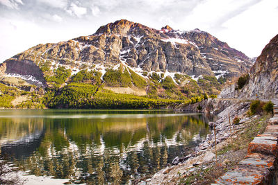 Scenic view of lake and mountains against sky