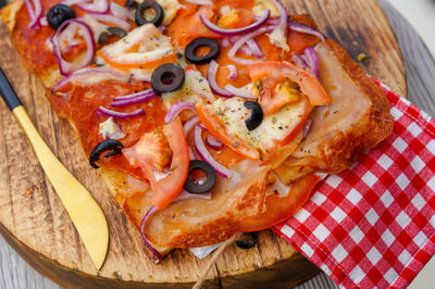 High angle view of pizza on table