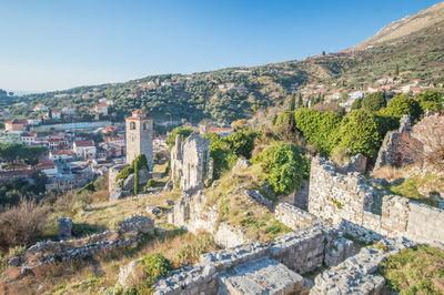 High angle view of townscape against clear sky