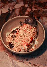 High angle view of food in plate on table
