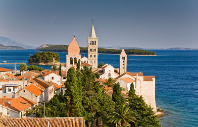 Rab, croatia, panoramic view of historical center with towers.