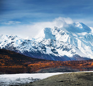 Scenic view of snowcapped mountains against sky