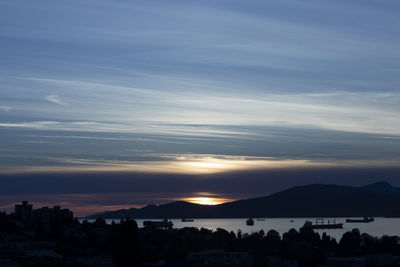 Silhouette buildings by sea against sky at sunset