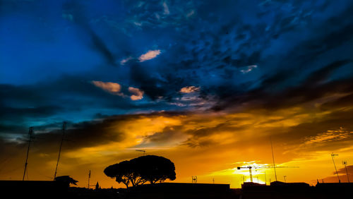 Low angle view of silhouette trees against dramatic sky during sunset