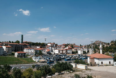 High angle shot of townscape against sky