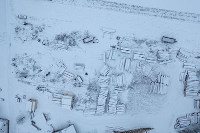 High angle view of snow covered building