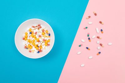 High angle view of breakfast against blue background