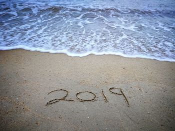 High angle view of text on beach