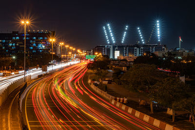 High angle view of railroad tracks at night