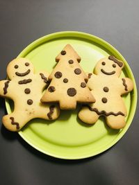 High angle view of cookies in plate