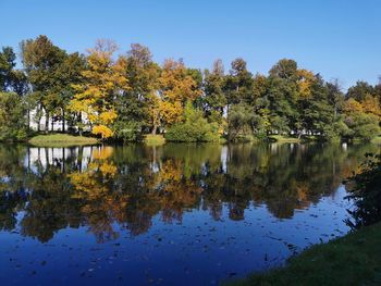 Scenic view of lake by trees against clear sky