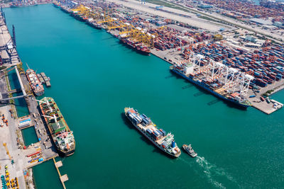 High angle view of boats on sea