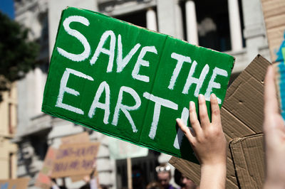 A person holding a green cardboard where you can read save the earth