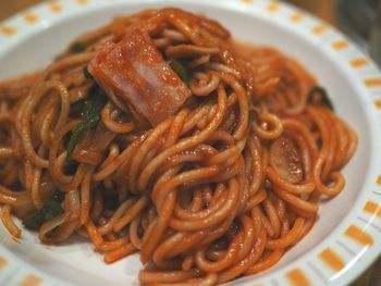 Close-up of noodles served in plate