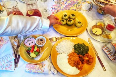 High angle view of breakfast served on table
