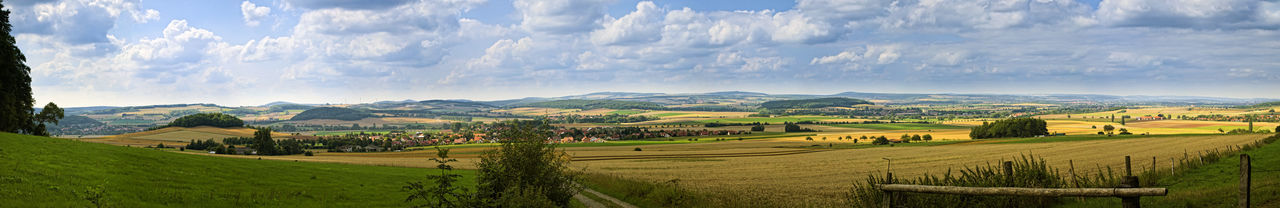 Panoramic view of agricultural field against sky