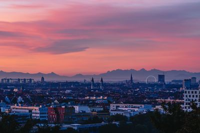 High angle view of townscape against sky during sunset