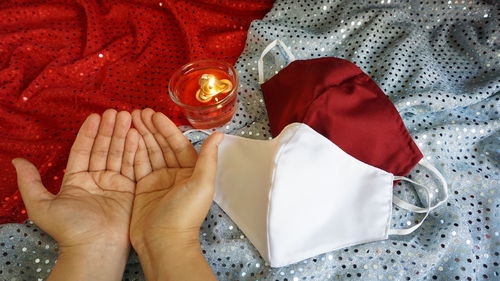 High angle view of person wearing mask