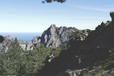 Scenic view of mountain by sea against sky