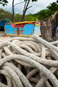 Close-up of rope tied on boat