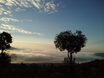 Silhouette trees on field against sky at sunset