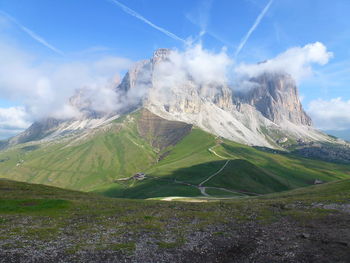 Panoramic view of snowcapped mountains against sky