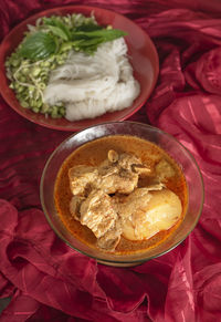 High angle view of noodles in bowl on table