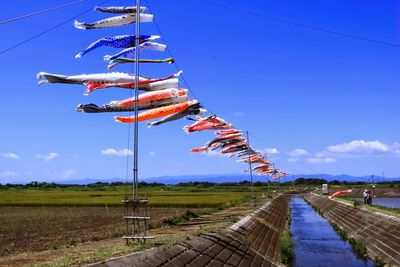 Row of koinoboris by canal against sky