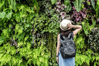 Rear view of woman standing against plants