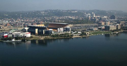 High angle view of heinz field stadium by river