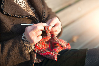 Midsection of woman holding dry leaf