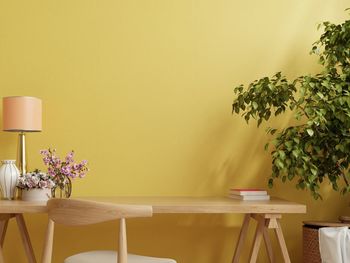 Potted plant on table against wall at home