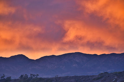 Scenic view of snowcapped mountains against sky during sunset