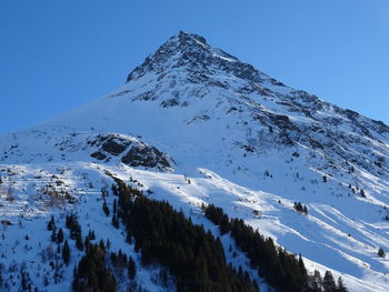 Scenic view of snowcapped mountains against clear sky