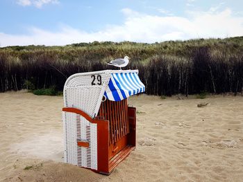 Hooded chairs on beach against sky