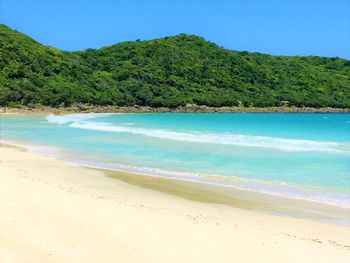 Scenic view of sea against clear blue sky