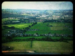 landscape, field, agriculture, rural scene, farm, tree, cultivated land, green color, tranquil scene, high angle view, nature, transfer print, growth, scenics, beauty in nature, sky, crop, building exterior, auto post production filter, tranquility