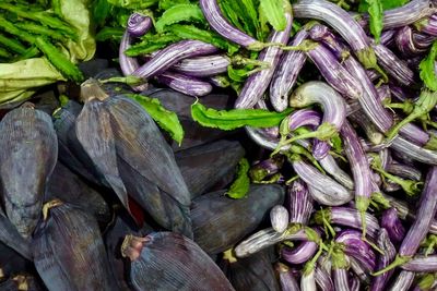 Fresh banana flower and eggplants at a organic farmers market