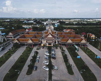 High angle view of buildings against sky