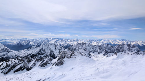 Scenic view of snowcapped mountains against sky